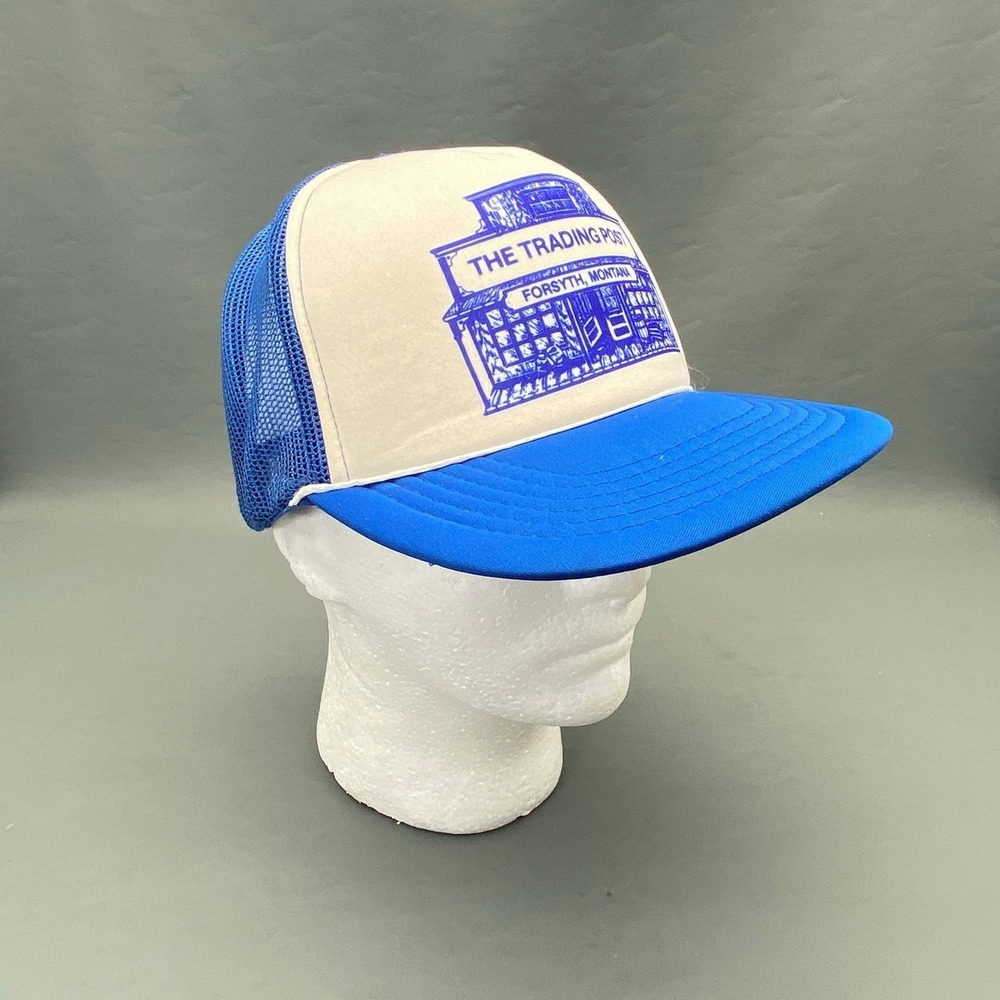 Vintage The Trading Post Forsyth Montana Trucker Hat Snapback Mesh Cap Blue